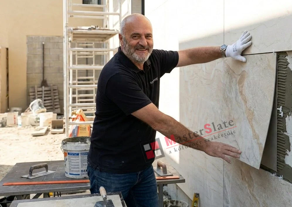 Juhász István kőfurnér lapot illeszt a homlokzatra